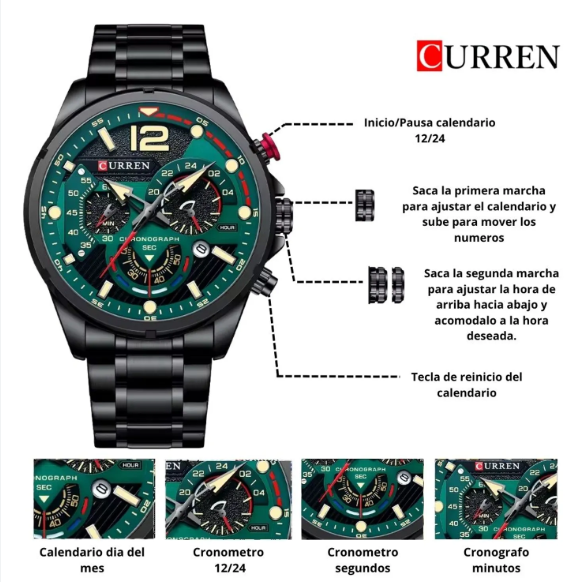 Reloj Curren 8395 Negro Verde Acero Inox