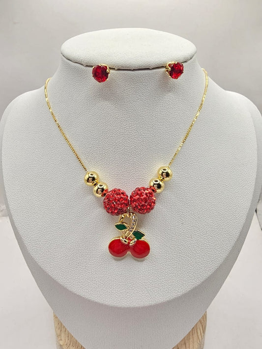 CHERRY LUXE Juego de collar y broqueles cereza